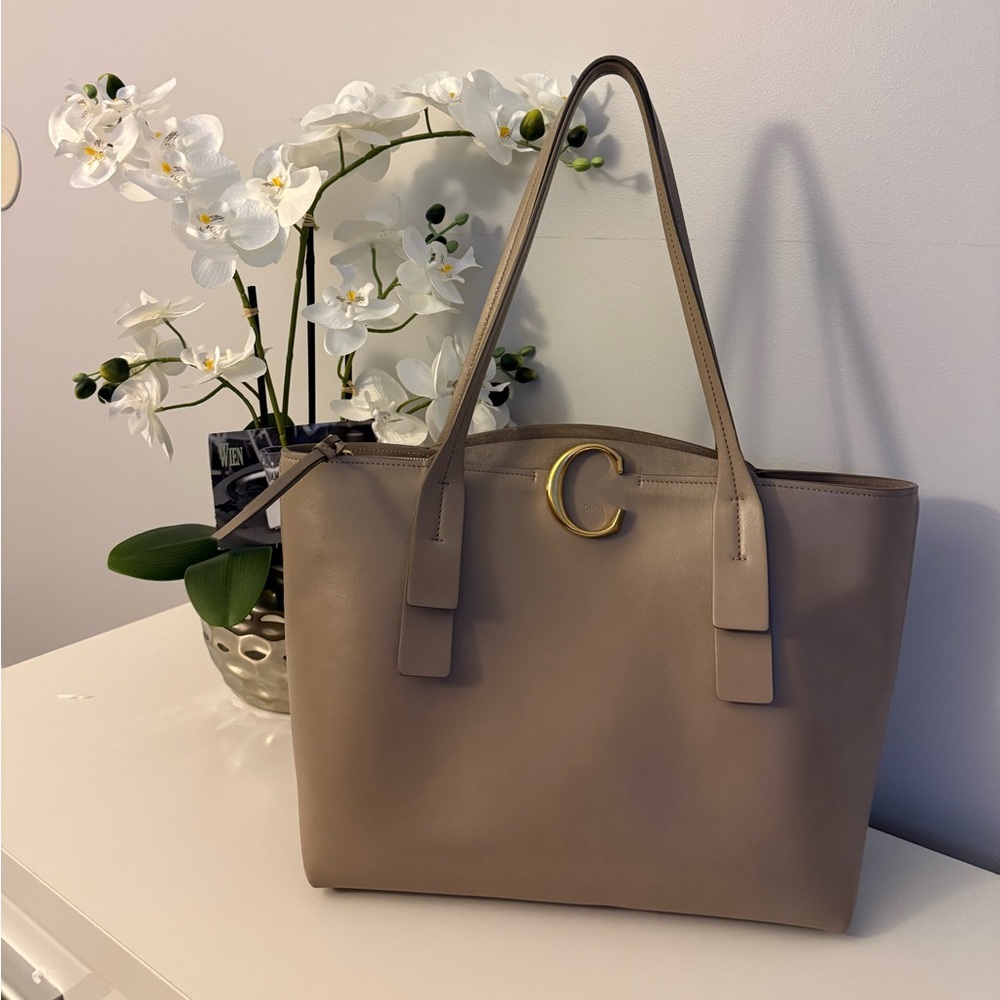 Authentic Chloe Large Gold C letter in Motty Grey Tote